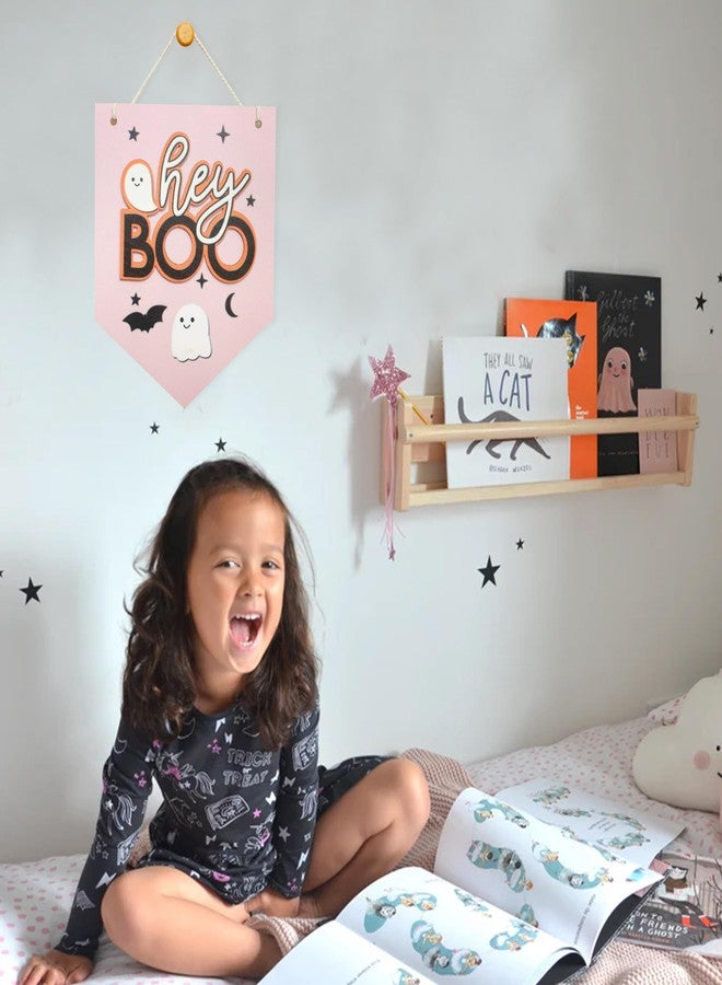 HGFC Halloween Hey Boo Sign For Front Door Decor, Spooky Pink Ghost Wood Door Hanger For Outdoor Outside Porch, Halloween Wall Hanging, Cute Halloween Sign - Image 3